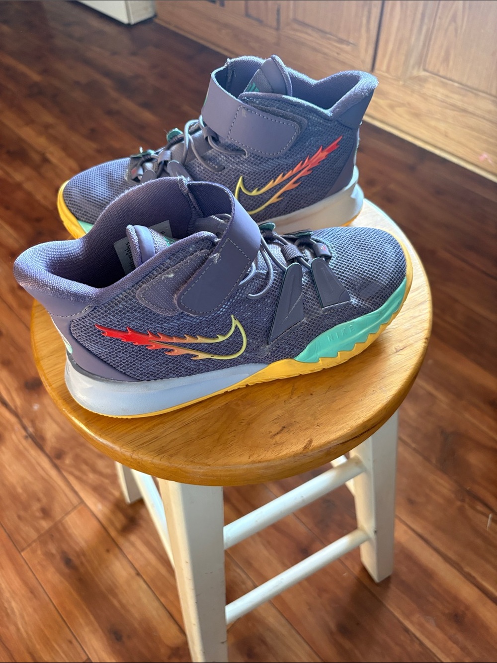 Nike Kids Purple High-Top Sneakers with Multicolor Flame Swoosh